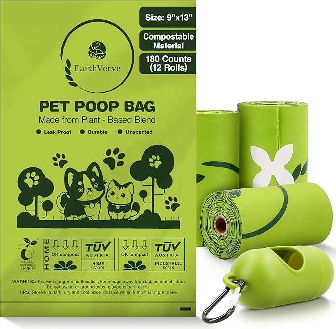 EarthVerve Dog & Cat Compostable Poop Bags (180 Counts w/Dispenser) - Plant Based, Enhanced Leak-Resistant, Odor-Resistant & Durable – Unscented,Sustainable Cleanup Solution –10% to Animal Rescue