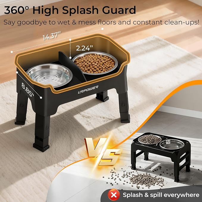 URPOWER Mess Proof Elevated Dog Bowls, Splash Guard Raised Bowl Stand | 4 Adjustable Heights, 2 Stainless Steel Bowls, Food & Water Separation, Non-Slip Base, Foldable Design for Small Dogs