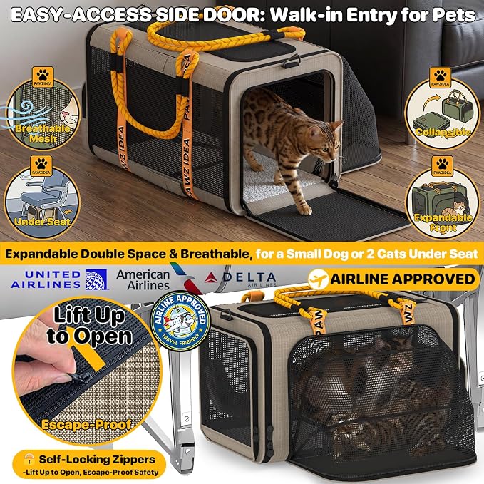 PAWZIDEA Expandable Pet Carrier Airline Approved, 18"×11"×11" Small Dog Carriers, Collapsible Top-Load Cat Carrier for 2 Cats Under Seat, Soft-Sided Puppy & Animal Travel Bag, ID Card, Up to 15lbs