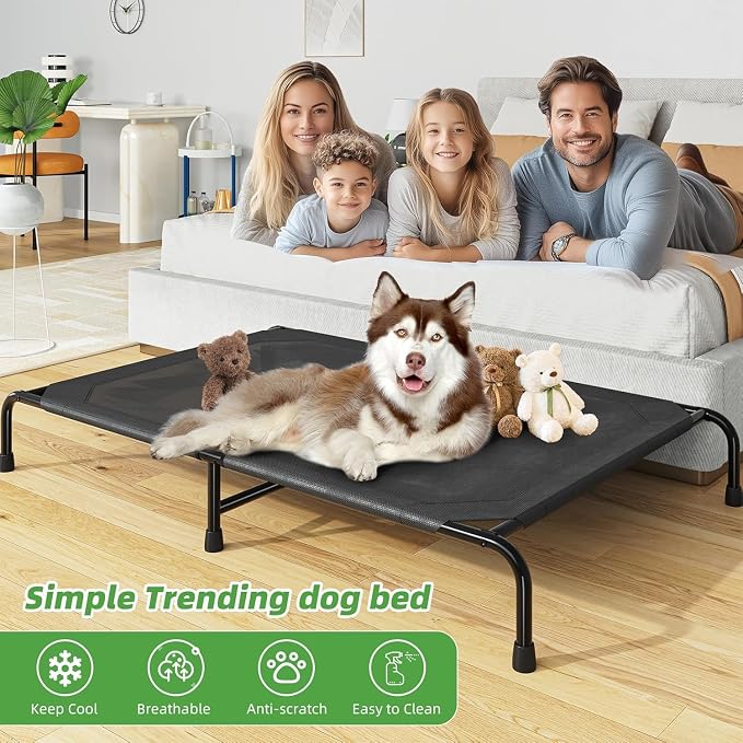 Simple Trending Outdoor Elevated Dog Bed, Cooling Raised Dog Cots, Black | Pet Bed for Extra Large Dogs, Waterproof Cover, Breathable Mesh, Non-Slip Feet, Indoor or Outdoor Use, 60.25" x 37.25"