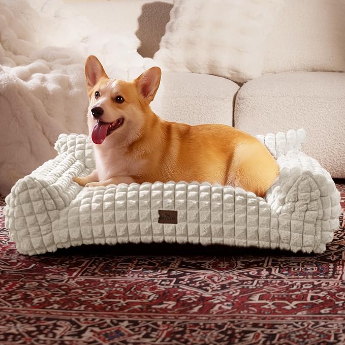 Orthopedic Dog Bed for Medium Dogs, Supportive Couch Style Pet Bed with Faux Rabbit Fur, Washable Removable Cover, 3D Diamond Pattern, 36 Inch, Off White