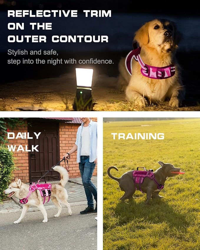 Dog Harness, Tactical No Pull for Small Sized Dog with Handle | Breathable Soft Padded, Adjustable, Reflective, Molle System, Heavy Duty, No Choke for Walking Training, Pink Camo Small