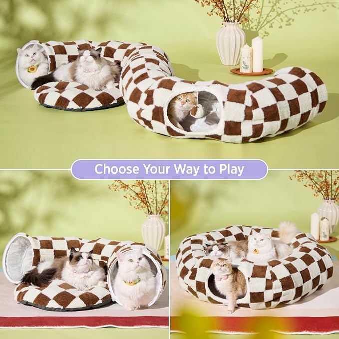 Lesure Donut Cute Jacquard Large Cat Tunnel Bed Kitten Toys for Dog Bunny | 39.5x39.5x10in,Round Large Cat Bed Tube for Multi Kittens,Pet Peekaboo Cave Toy,Spiral Hideaway,Washable Cushion,Brown Checks