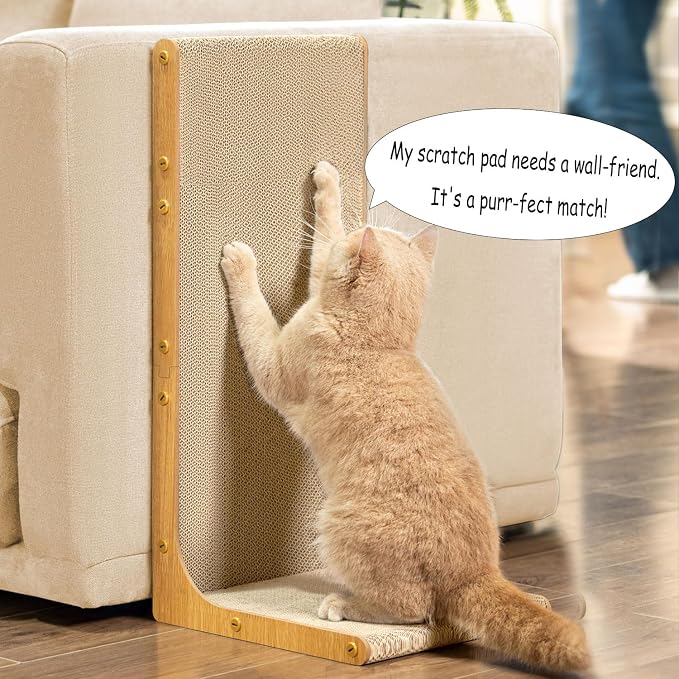 Conlun Cardboard Cat Scratcher, 23" L-Shaped Scratch Pad, Vertical Wall-Leaning Scratching Board to Protect Furniture for Indoor Cats,Wood Grain Large,2-Pack