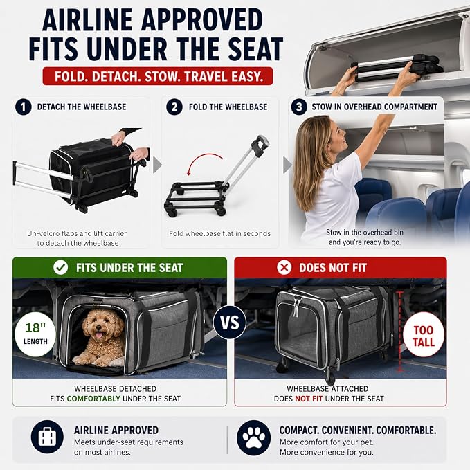 Ruff Life 101 Airline Approved Expandable Premium Pet Carrier on Wheels- Two Sided Expandable Rolling Carrier- Designed for Dogs & Cats- Extra Spacious Soft Lined Carrier! (Grey)