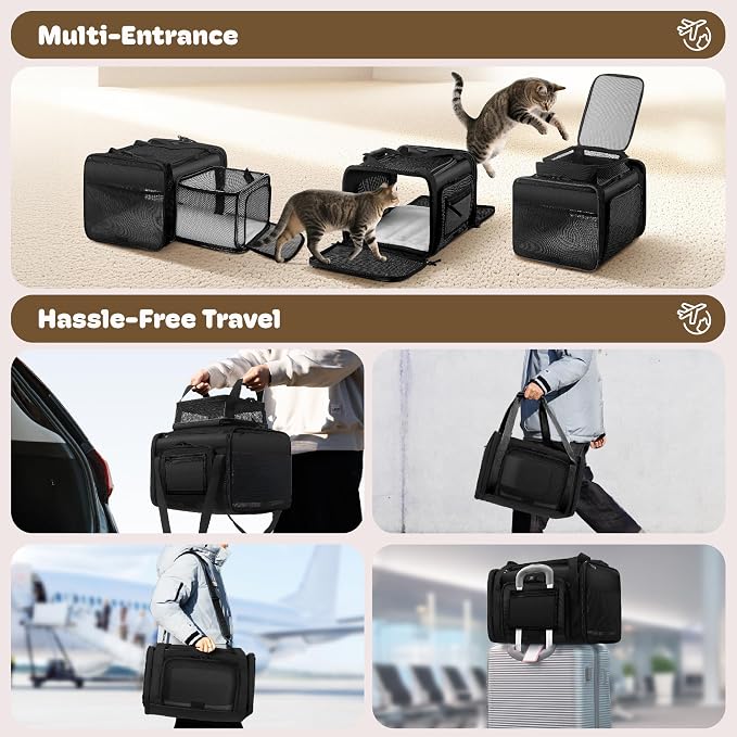 Top and 2 Sides Expandable Cat Carrier 18x11x11, TSA Airline Approved Dog Carriers for Small Dogs, Soft-Sided Pet Carrier with Self-Locking Zippers for Kitten,Rabbit, Puppy, Guinea Pig Black