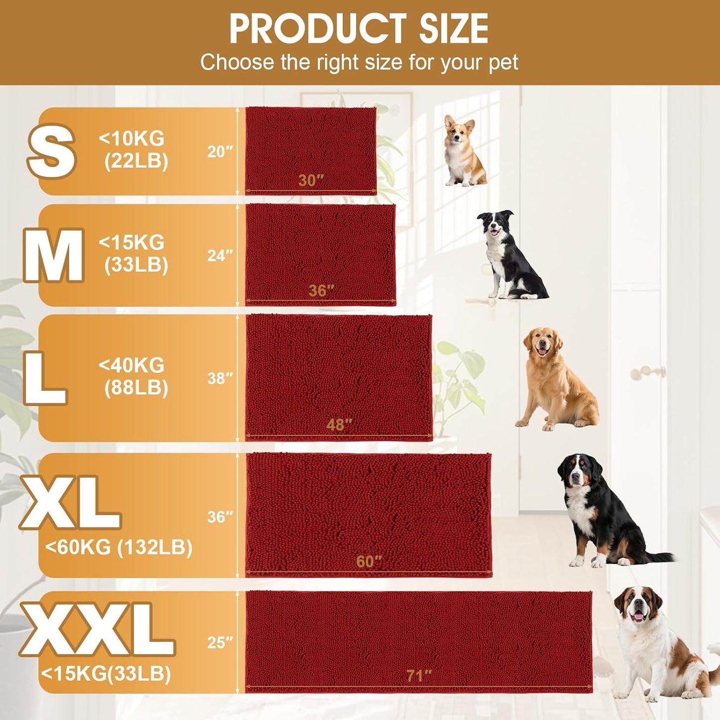 Dog Door Mats for Muddy Paws, Chenille Absorbent Door Mats, Non Slip Heavy Mud Mat for Dogs, Soft Indoor Door Mat for Entryway, Mud Paws, Inside Floor,30" X 20", Red