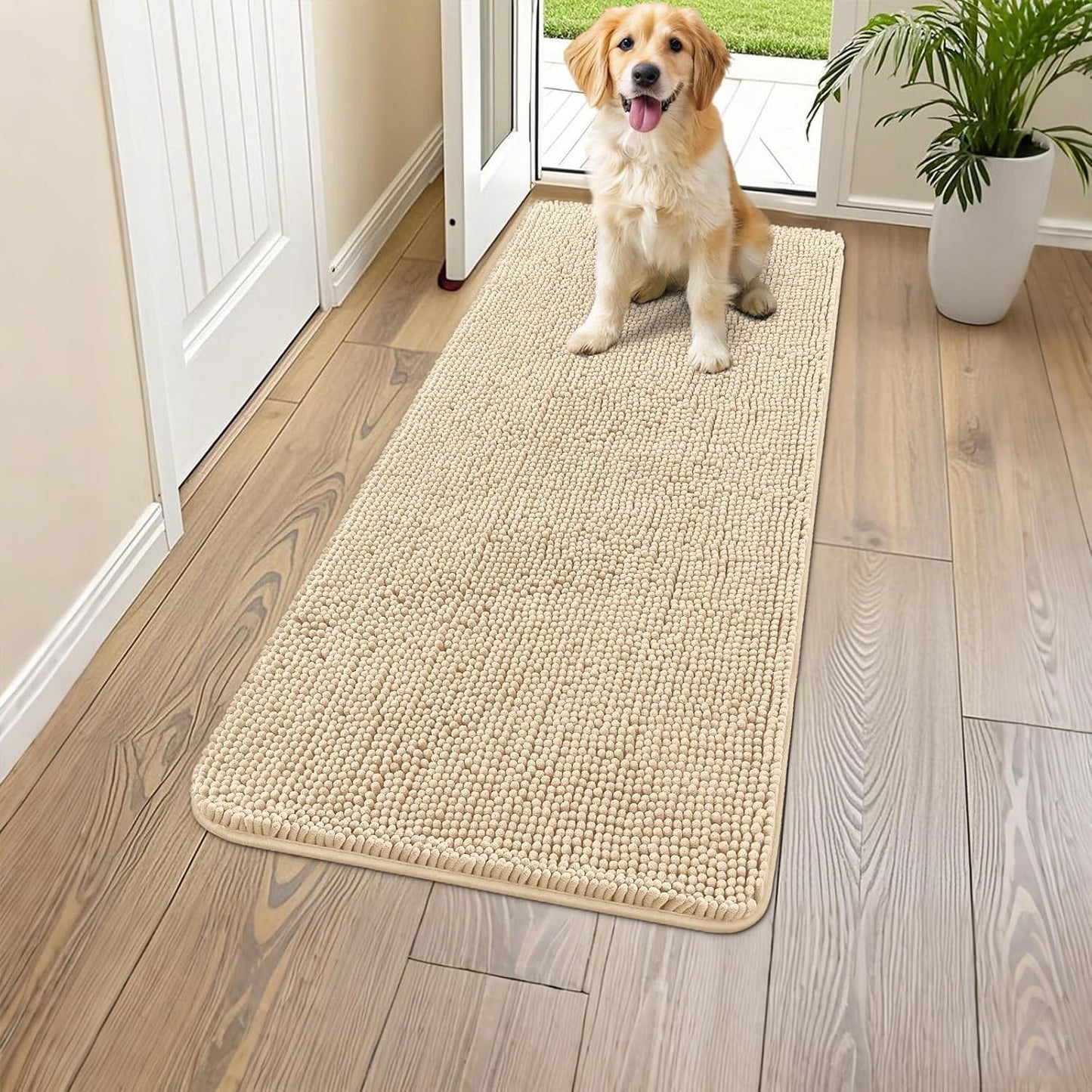 Smiry Dog Door Mat for Muddy Paws 47x20, Absorbs Moisture and Dirt Doormat, Non-Slip Washable Quick Dry Chenille Front Door Mat Indoor Entrance, Entryway Carpet for Inside Floor, Beige
