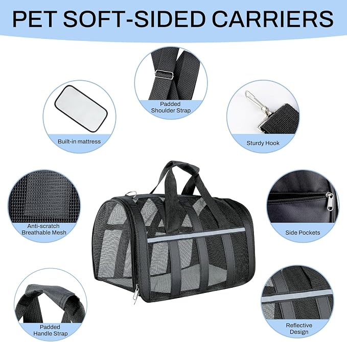Soft Sided Pet Carrier, Airline Approved Dog Cat Travel Bag with Mesh Windows, Collapsible Portable Pet Carrier for Small Medium Dogs Cats (Black)