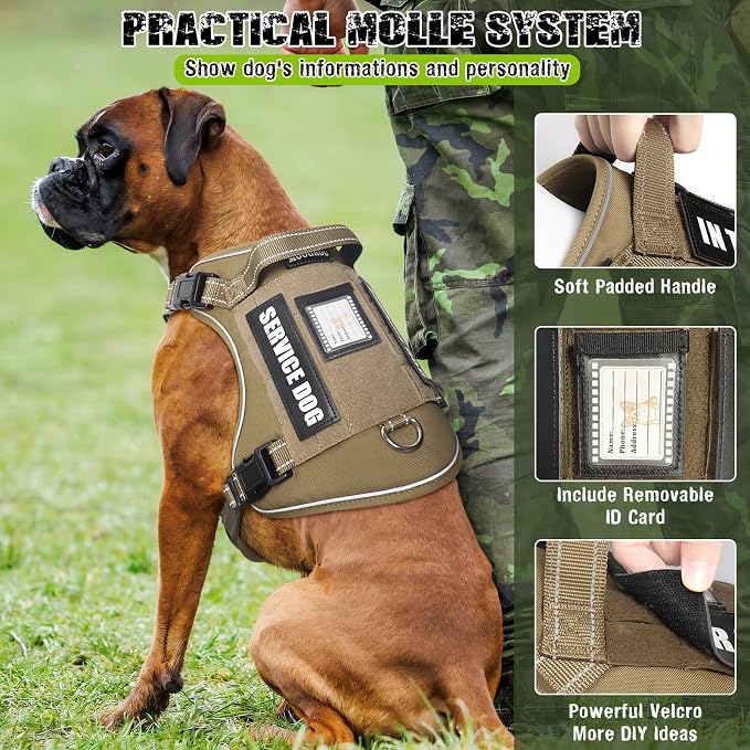 Tactical Dog Harness and Leash Set with 10 Patches for Large Dogs | Heavy Duty Adjustable No Pull Service Dog Vest for Large Dogs with Dog Seat Belt,for Training Walking Hiking Brown XL