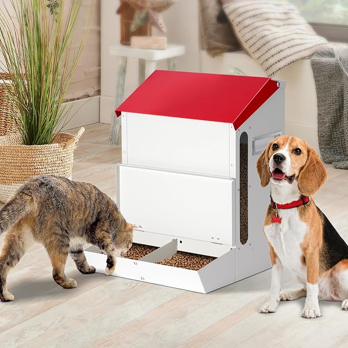 Automatic Cat Feeder 2 Cats,50cups/12L Pet Feeders Large Capacity Outdoor | Galvanized Steel Multiple Cats Feeder Gravity Dog Dry Food Dispenser with Lid