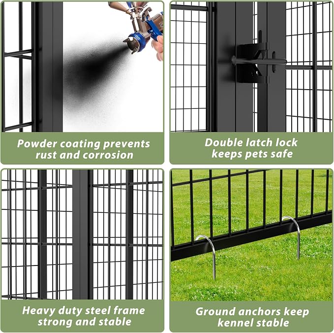 LOVMOR 10' x 10' Outdoor Dog Kennel with Roof for Large Dogs | Heavy duty steel frame, waterproof canopy, double latch door, adjustable feeding bowls for yards and patios