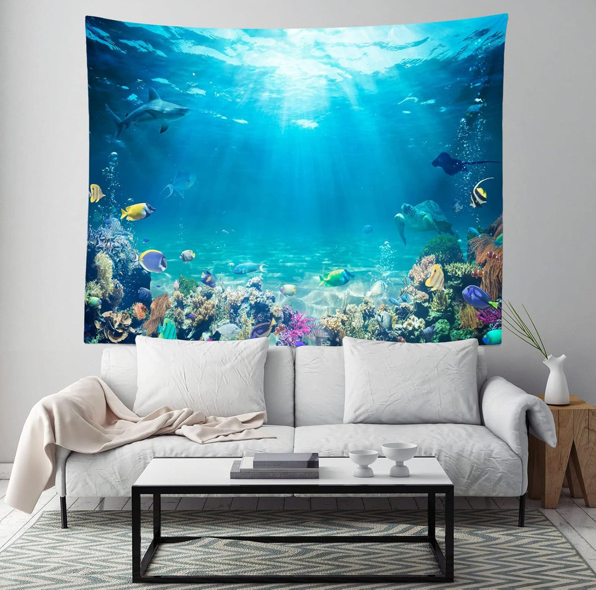 Underwater World Tapestry Blue Ocean Wall Hanging Under the Sea Coral Reef Wall Tapestry Tropical Fish Tank Undersea Tapestries Marine Wall Art for Bedroom Living Room Dorm Decor 118''x98''