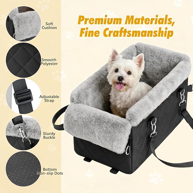 VavoPaw Center Console Dog Car Seat for Small Dogs&Cats Under 12 LBS | Puppy Car Seats with Non-Slip&Strong Support,Anti-Collapse Portable Pet Bed for Puppies with Soft Cushion Safety Belt,Black