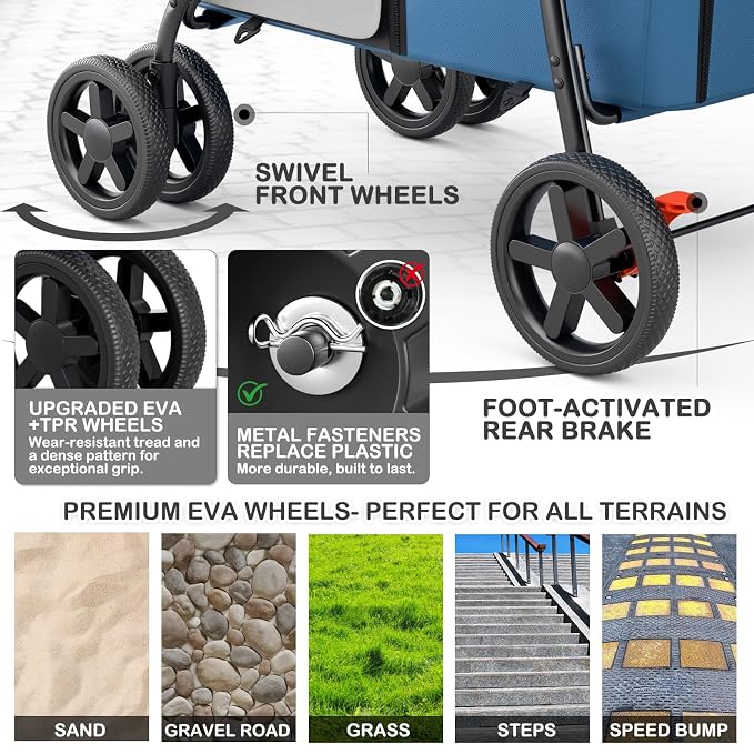 MoNiBloom Double Dog Stroller for Small and Medium Dog Cats, Navy Blue/Gray | Pet Stroller with Detachable Carrier Bags Large 4 Wheels Foldable Jogger for Small and Medium Dog Cats