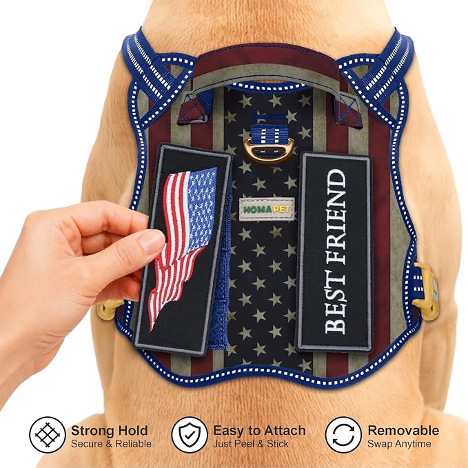 Homapet. Tactical Dog Harness with Dual Leash Attachment Points, Adjustable and Reflective Military Grade Dog Vest with Comfort Control Handle (Us Flag, S)