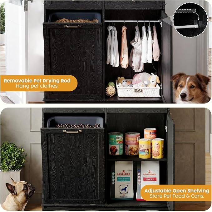 39.7’’W Dog Feeding Station, Tilt-Out Dog Food Cabinet for Multi-Pets, Pet Feeder Station with 4 Feeding Bowls, Dog & Cat Storage Organizer with Hanging Rod, (Black, Dual Doors)