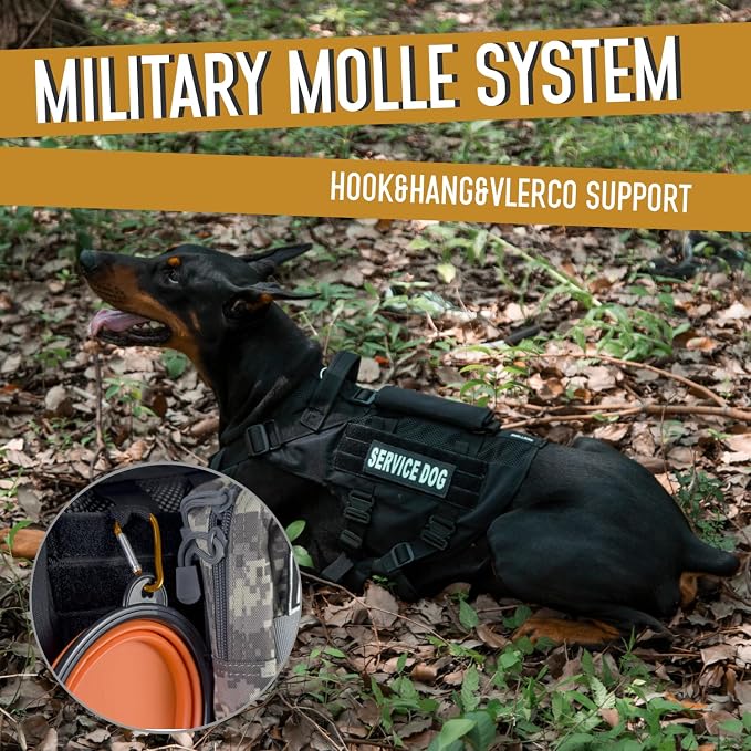 Service Dog Vest for Large Dogs, Black Tactical Harness with Military MOLLE, Breathable Mesh & 39g Metal Buckle - Size M for Training & Hiking