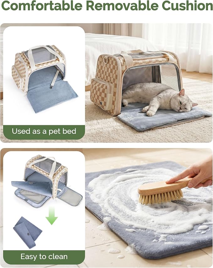 Homespon Soft-Sided Cat Carrier Dog Carrier, 34.5L Airline Approved Pet Carrier, Collapsible Travel Bag with Removable Bed for Small Dogs & Cats (Khaki Checkboard)