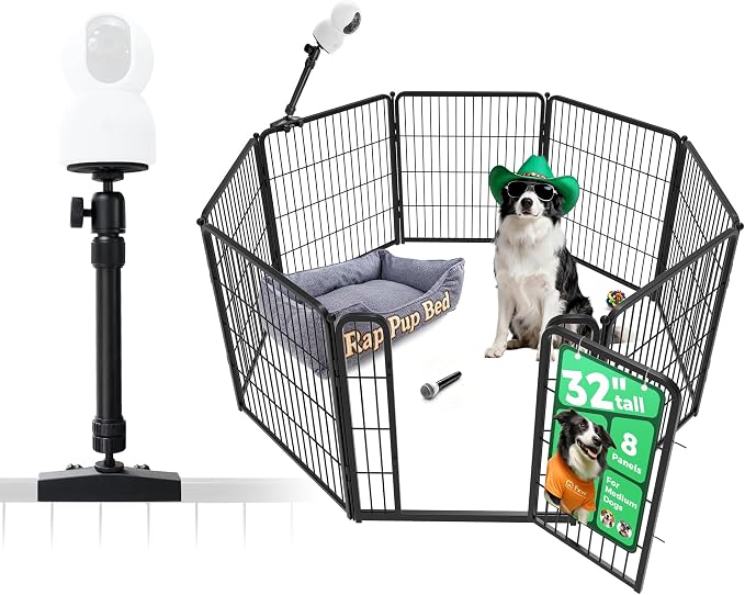 FXW Homeplus Indoor Dog Playpen with Camera Mount, 32" H, 8 Panels | Calm Indoor Play Area, Wider Viewing Angles with Stable Support, for Small & Medium Dogs, Patented