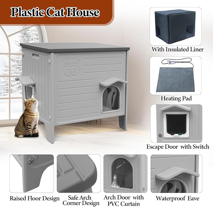 Heated Cat House for Outside with Foam for Outdoor Cat,Plastic cat Shelter | Heated Insulated Cat House, Plastic Weatherproof Insulated cat House, Cat Shelter for Feral Cats