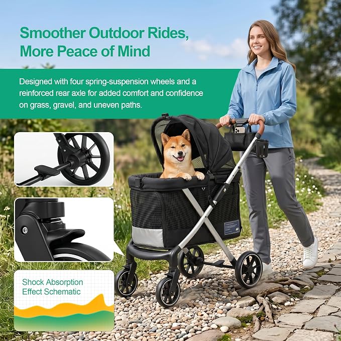JWX Premium Pet Stroller for Small to Medium Dogs, Cats & Small Pets, One-Hand Fold Travel System, 77 lbs Capacity, All-Season Comfort Liner, Aluminum Frame, Front & Rear Entry