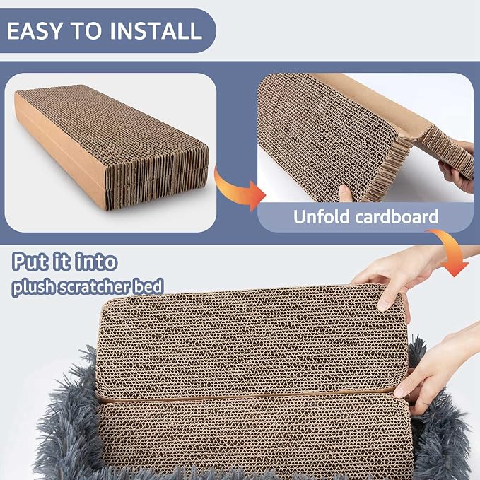 Cat Lounge Scratcher Box with Removable Cardboard (Dark Grey) | High-density Corrugated Cardboard with Double-sided Use, Soft Long Plush, Release Stress and Protect Furniture