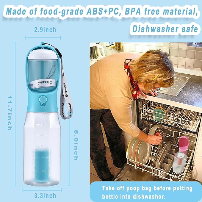 Cibaabo Dog Water Bottle with Food Container & Poop Bag Holder, Travel Water Bowl, Portable Pet Dispenser, Dog Gifts Stuff Accessories Items, Puppy Essentials for Yorkie Chihuahua Walking Hiking