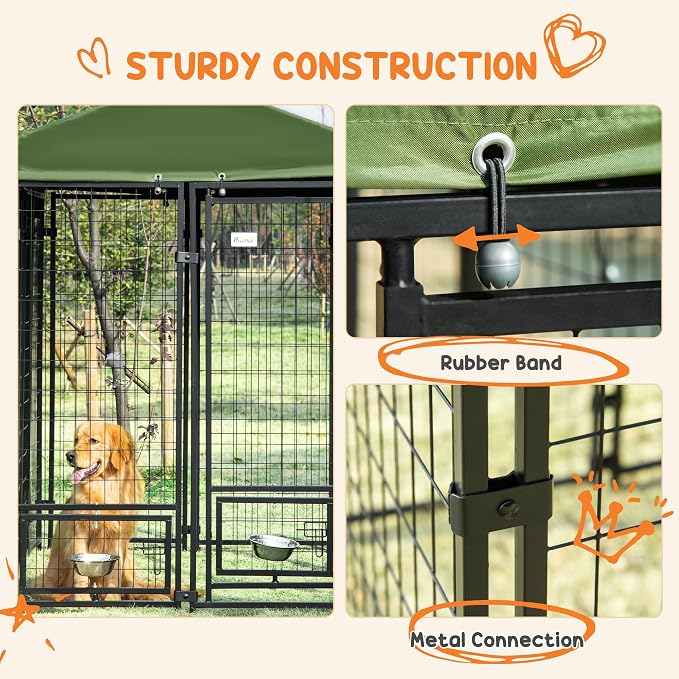PawHut 8' x 4' x 6' Dog Kennel Outside, Welded Wire Outdoor Dog Kennel Run with 360° Rotating Bowls, Waterproof & UV Resistant Cover, for S&M&L Breeds, Chickens, Ducks, Green | Welded Wire Dog Kennel Outside Run, Waterproof & UV Resistant Cover, for S&...