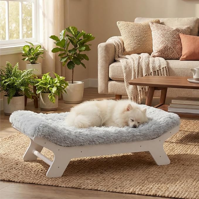 Elevated Wood Dog Bed Frame Mat Set, Whitecolor, Small | Raised Sturdy Attractive Dog Sofa Couch Furniture,45 lb
