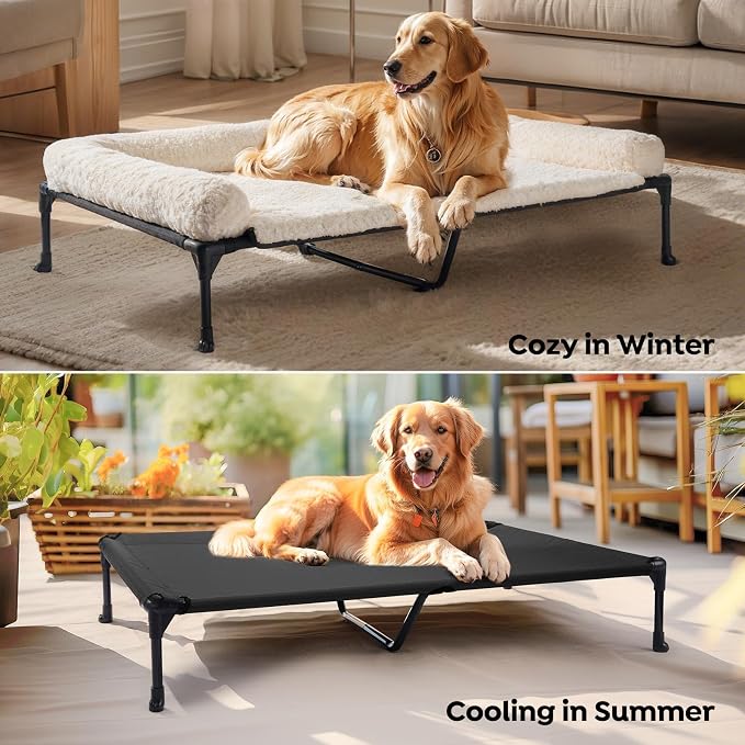 Veehoo Orthopedic Elevated Dog Bed Add Removable Deluxe Rose Plush Bolster Cushion Mat, 53" x 33" Washable Dog Couch Bed, Raised Pet Cot with Breathable Teslin Mesh, No-Slip Feet, White, CWC2439B