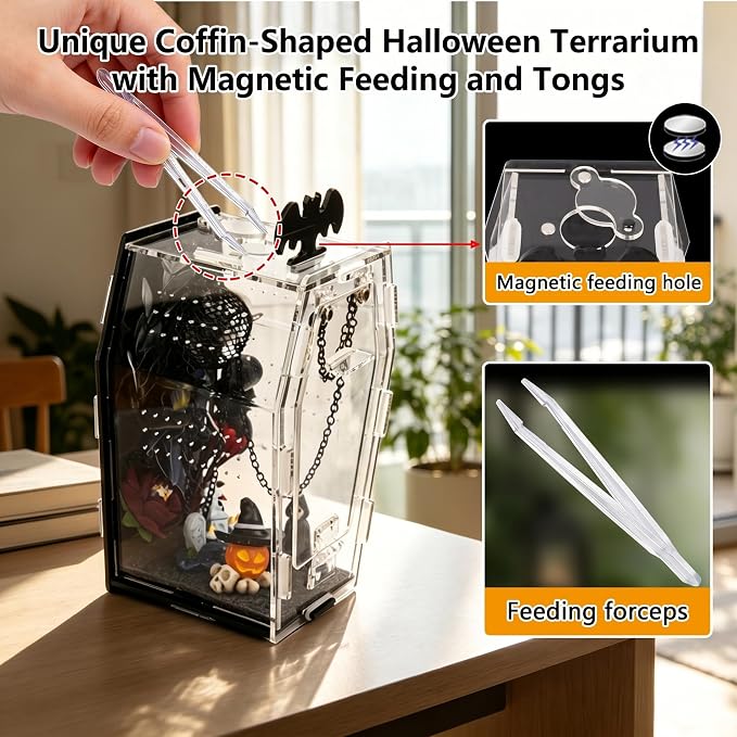 15 Pcs Acrylic Spider Enclosure Kit with Magnetic Door | Gothic Coffin Design, 3mm Clear Acrylic, Magnetic Feeding Port, DIY Decor Set, Spider Habitat, Tool-Free Assembly