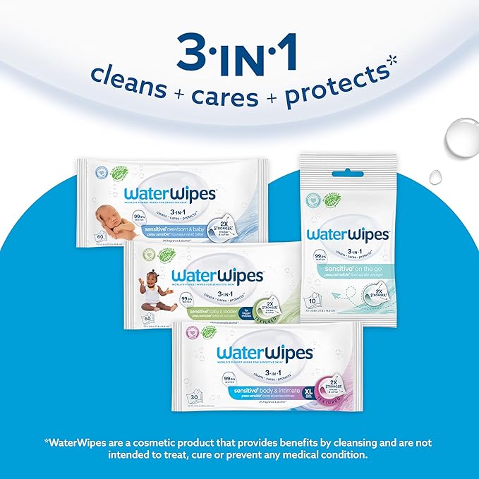 WaterWipes Sensitive+ Newborn & Baby Wipes, 3-In-1 Cleans, Cares, Protects, 99.9% Water, Unscented & Hypoallergenic, 1080 Count (18 Packs)