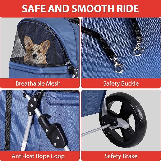 LEMY Pet Stroller,4 Wheels Dog Cat Stroller with Storage Basket&Cup Holder,Folding Dog Cat Cage Jogger Strollers for Small Medium Dogs Cats Travel,Navy Blue