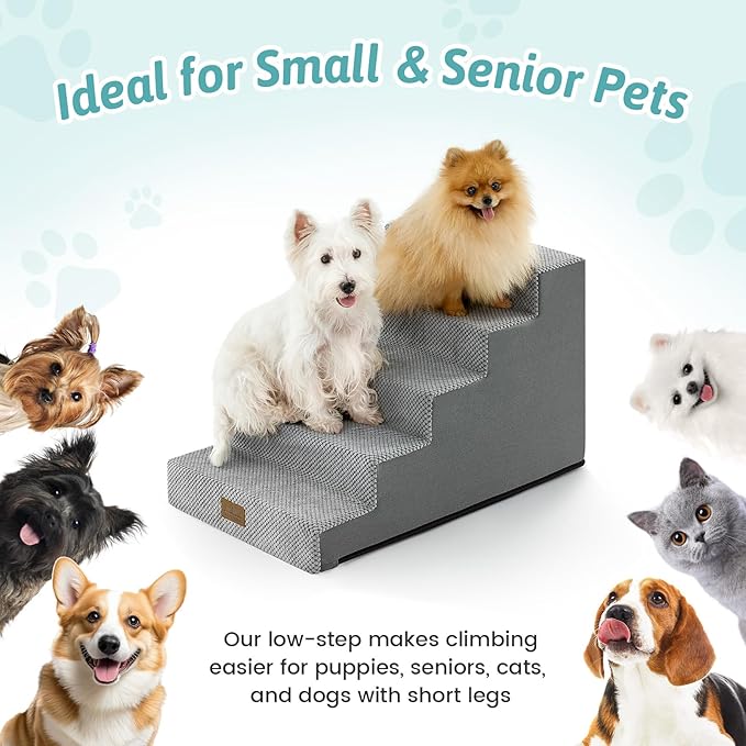 Dog Stairs for Small Dogs 17.7" H, 5 Step Gentle Incline Pet Step for Couch and Beds, Right-Angle Dog Ramp for Puppy Doggie Senior Cats, 17.7x29.5x17.7 Inch, Grey