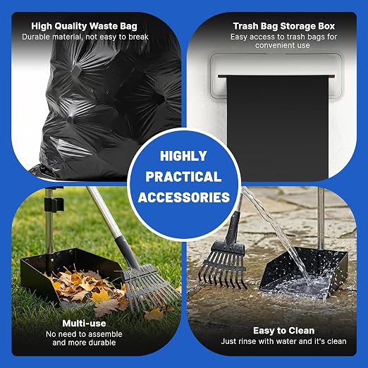 Dog Poop Trash Can Outside - 20L/5Gal Pooper Scooper Sets and Spade, Blue | Outdoor Trash Can with Lid, Inner Bucket, Dog Poop Scooper Set, Metal Tray, Rake and Spade, 100 Trash Bags & Storage Box