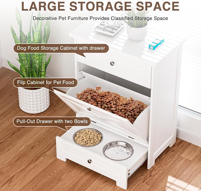 Dog Feeding Station with 2 Elevated Bowls,Hidden Pet Feeder Station with Tilt Out Dog Food Storage Cabinet,Dog & Cat Storage Organizer with Drawer,White