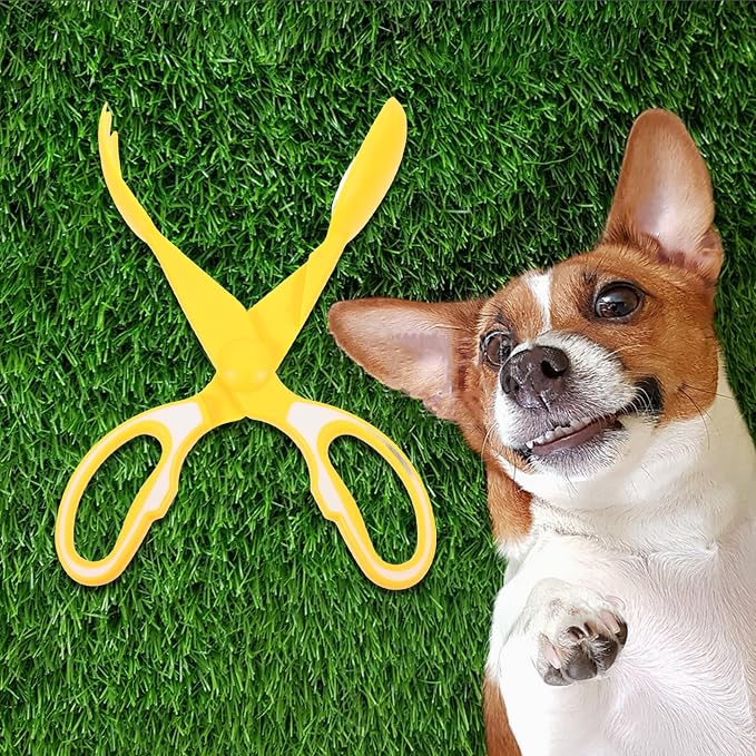 FRCOLOR Heavy Duty Pet Poop Scooper with Long Handle, Portable Dog Waste Picker Clamp for Outdoor Cleaning, Yellow Pet Pooper Scooping Tool for Dogs and Cats