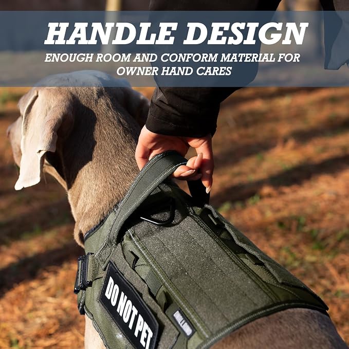 Tactical Dog Harness for Large, No Pull Adjustable Reflective MOLLE Service Dog Harness with Do Not Pet Patches, Military K9 German Shepherd Dog Vest for Training Walking Hunting Green