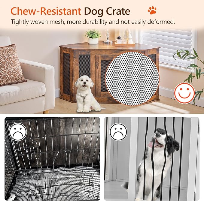 MAHANCRIS Corner Dog Crate Furniture, Wooden Dog Kennel End Table, Decorative Pet Crate Indoor Use, Furniture Style Dog House for Small Medium Dog, Dog Cage TV Stand, Rustic Brown DCRB0801