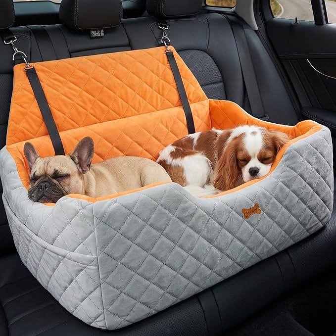 Dog Car Seat for Large Medium Dogs up to 55 lbs, Memory Foam Dog Booster Seat with Storage Pocket, 2 Safety Leashes,Washable Cover, Portable Anxiety Pet Travel Bed, Gray