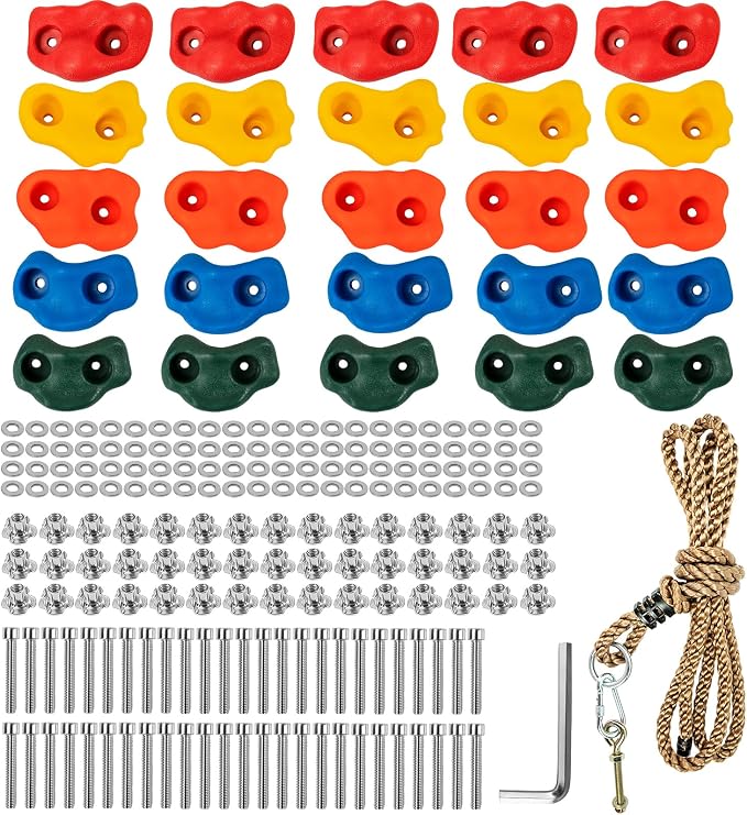 Cheardia 25 Pcs Rock Climbing Holds, Multi-Colored Rock Wall Holds Grips | Indoor & Outdoor Rock Wall Climbing Kit with Mounting Hardware and Knotted Rope for Adults Home Multi-Colored