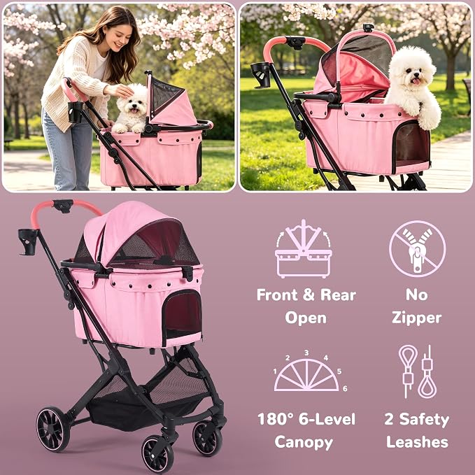 Dog Stroller for Small to Medium Dogs with Detachable Carrier, Pink | 3-in-1 Pet Stroller, Dual-layer UV-Resistant Waterproof Canopy with Breathable Mesh, All-Terrain PU Wheels with Suspension