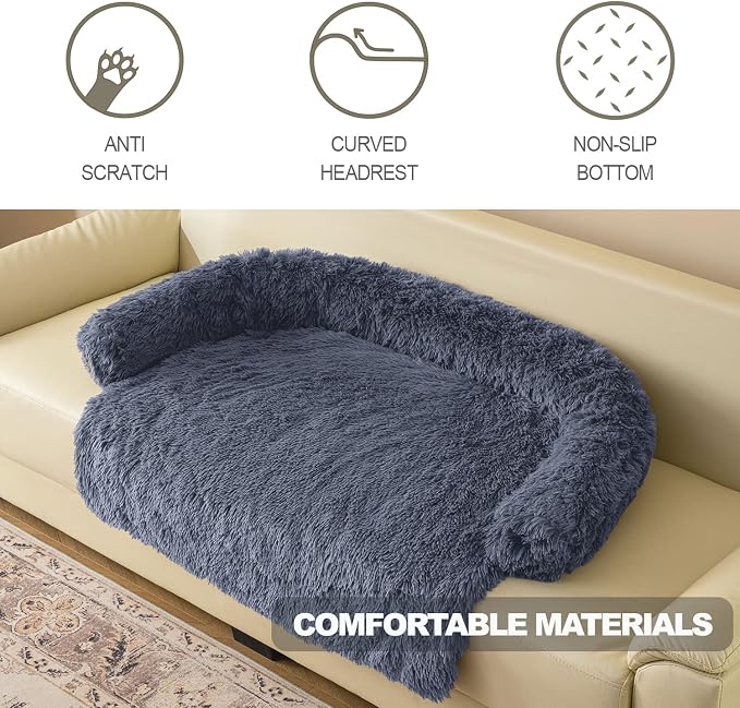 Calming Dogs/Cats Bed Mats, Dog Pad Washable Removable Couch Cover, Plush Long Fur Mat for Pets, Waterproof Lining, Perfect for Small, Medium and Large Dogs and Cats (Navy Blue, 53"x39")