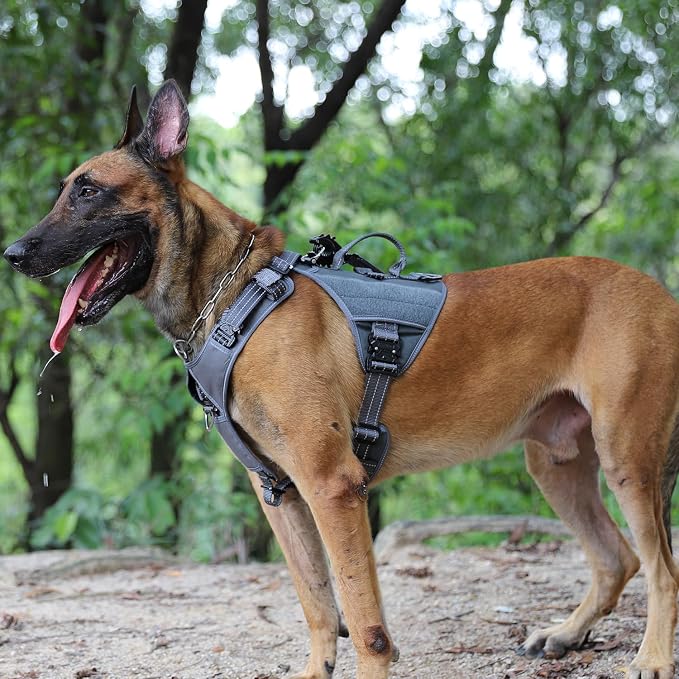 ICEFANG Quick-Moving Tactical Dog Harness X-Large Dogs,No Pull Dog Vest | Control Handle,Reflective,Full Metal Buckles,Adjustable,Hook-and-Loop Panel,Soft Padded,Grey,X-Large