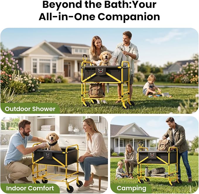 Foldable Dog Bath Cart for Dirty Outdoor Dogs,Adjustable Height pet Bath Cart for Small and Medium Dogs(5-55 lbs) and Cats,Four-Wheel Bathing Cart with Brake,No Need to Carry Your Muddy Pup Home