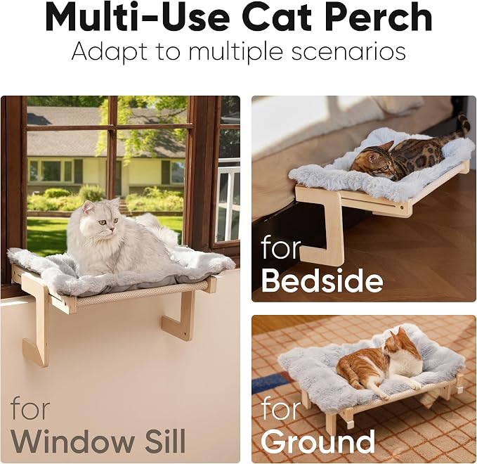 FUKUMARU Cat Window Perch, Sturdy Wood Hammock Window Bed for Indoor Cats | 3-in-1 Convertible Cat Bed for Windowsill, Bedside & Floor, Reinforced Metal Frame Hammock with Washable Fluffy Cushion