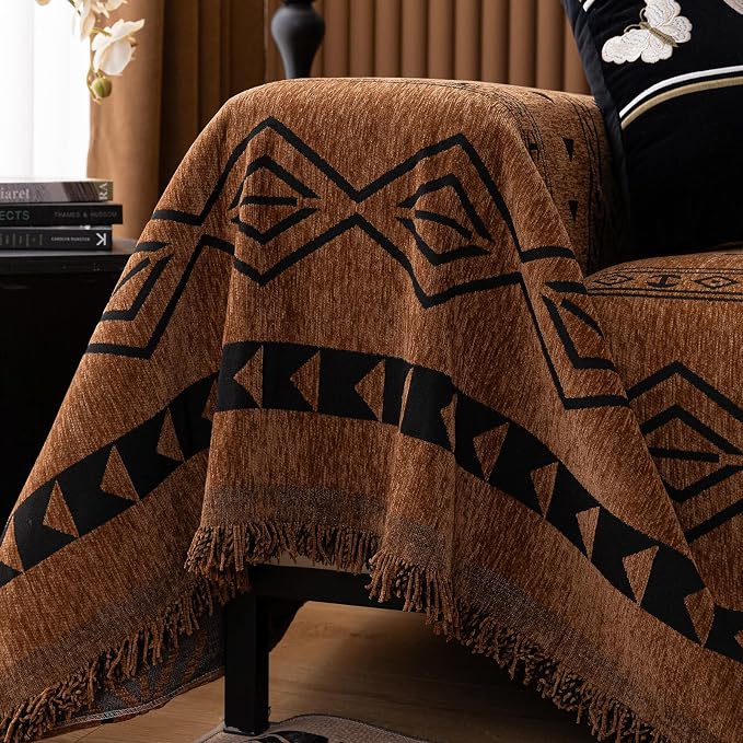 VClife Bohemian Couch Cover for Dog, Plush Thick Chenille Aztec Couch Cover for 2 Cushion Couch Sofa Pet Friendly Sofa Slipcover with Tassel 71"X118"