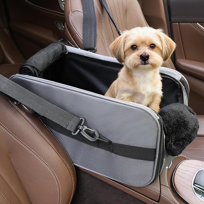 Center Console Dog Car Seat for Small Dogs,Dog Booster Car Seat with Safety Belt and Pockets,Portable Pet Armrest for Puppy Cat Under 13 lbs (Grey)