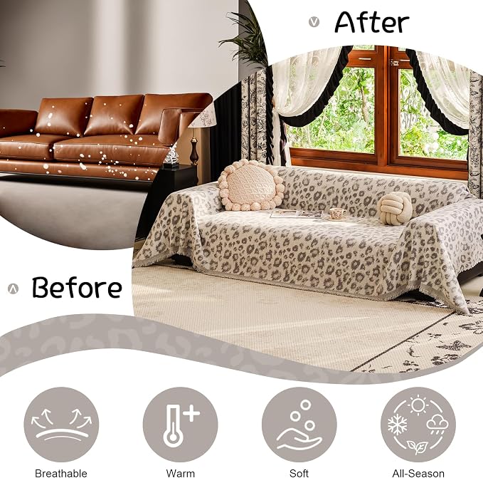 VClife Boho Couch Covers Vintage Leopard Sofa Covers for Sectional Couches, Washable Chenille Couch Cover for 3 Cushion Couch Sofa, Multi-Functional Living Room Furniture Protector for Sofa Bed, Gray